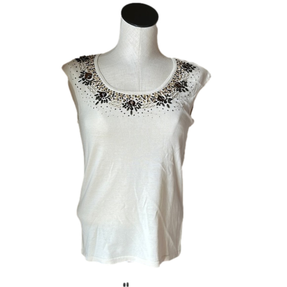 Coldwater Creek White Tank Top with Black Embroidery